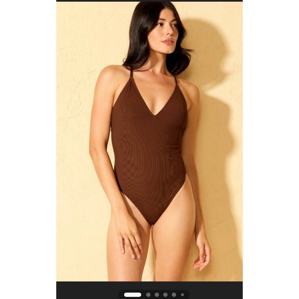 Shade & Shore One Piece Swimsuit Large brown New Ribbed V-Neck Open Back beach